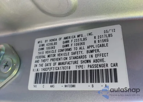 2012 Honda Accord Lx z USA, uszkodzony, nr VIN 1HGCP2F31CA176318